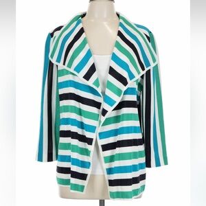 NEW Misook Teal MultiColor Stripped Knit 3/4 Sleeve Drape Front Jacket L
